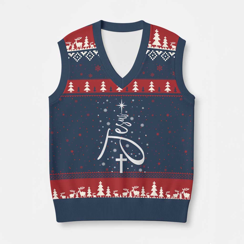 Jesus Xmas Tree V-Neck Knit Sweater Vest Christian Faith - Wonder Print Shop