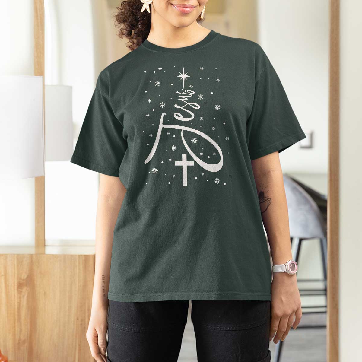 Jesus Christmas Tree T Shirt For Women Christian Faith - Wonder Print Shop