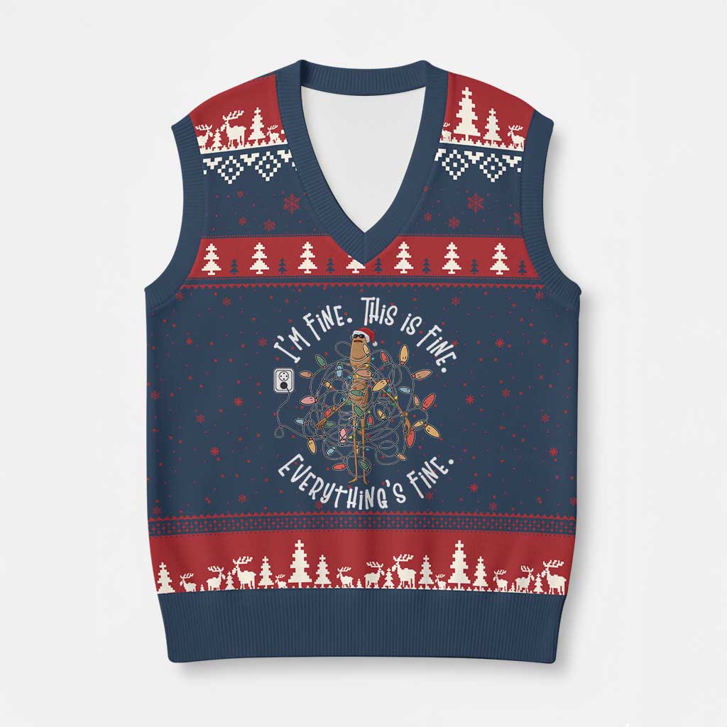 Marcus The Worm Xmas V-Neck Knit Sweater Vest I'm Fine Everything Is Fine School Counselor Mental Health - Wonder Print Shop