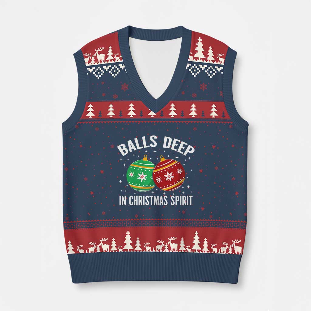 Funny Dirty Xmas V-Neck Knit Sweater Vest Rude Adult Humor Balls Deep Into Xmas Spirit - Wonder Print Shop