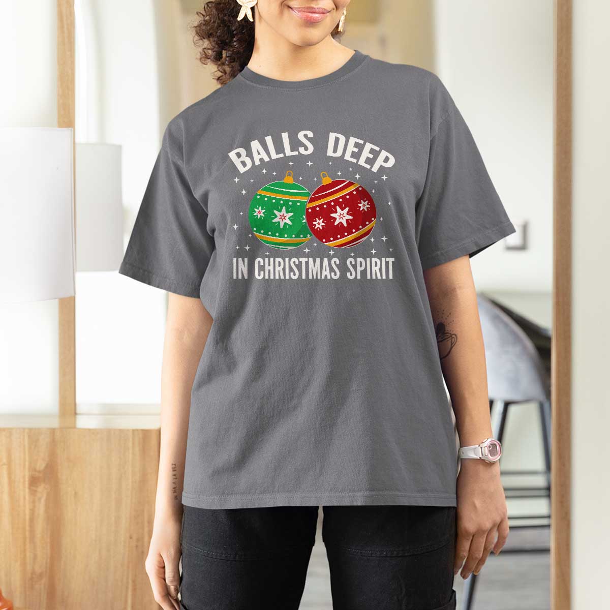 Funny Dirty Christmas T Shirt For Women Rude Adult Humor Balls Deep Into Christmas Spirit - Wonder Print Shop