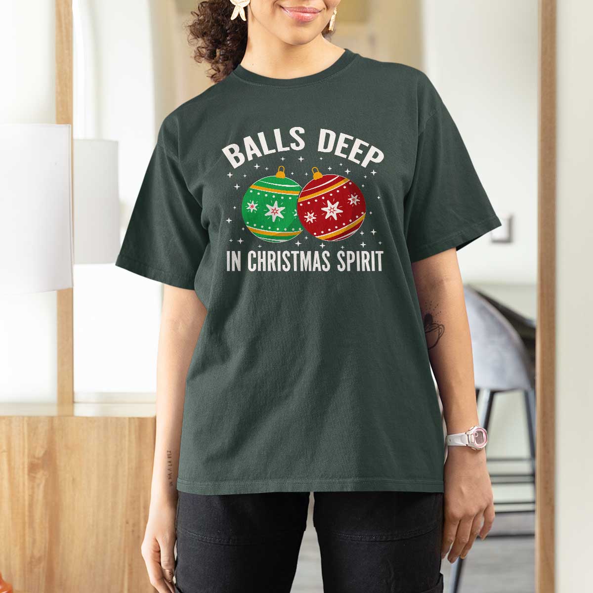 Funny Dirty Christmas T Shirt For Women Rude Adult Humor Balls Deep Into Christmas Spirit - Wonder Print Shop