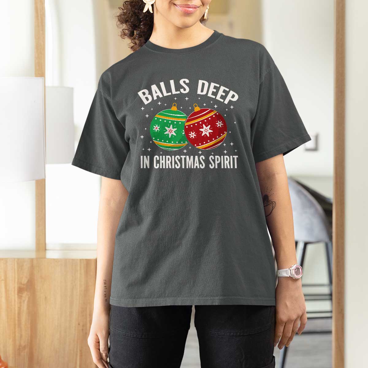 Funny Dirty Christmas T Shirt For Women Rude Adult Humor Balls Deep Into Christmas Spirit - Wonder Print Shop