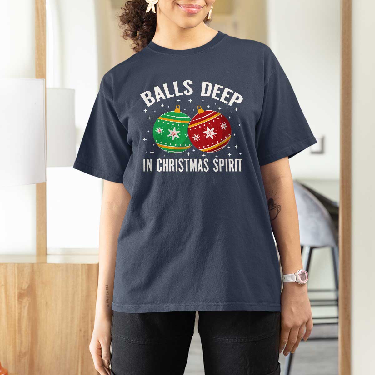 Funny Dirty Christmas T Shirt For Women Rude Adult Humor Balls Deep Into Christmas Spirit - Wonder Print Shop