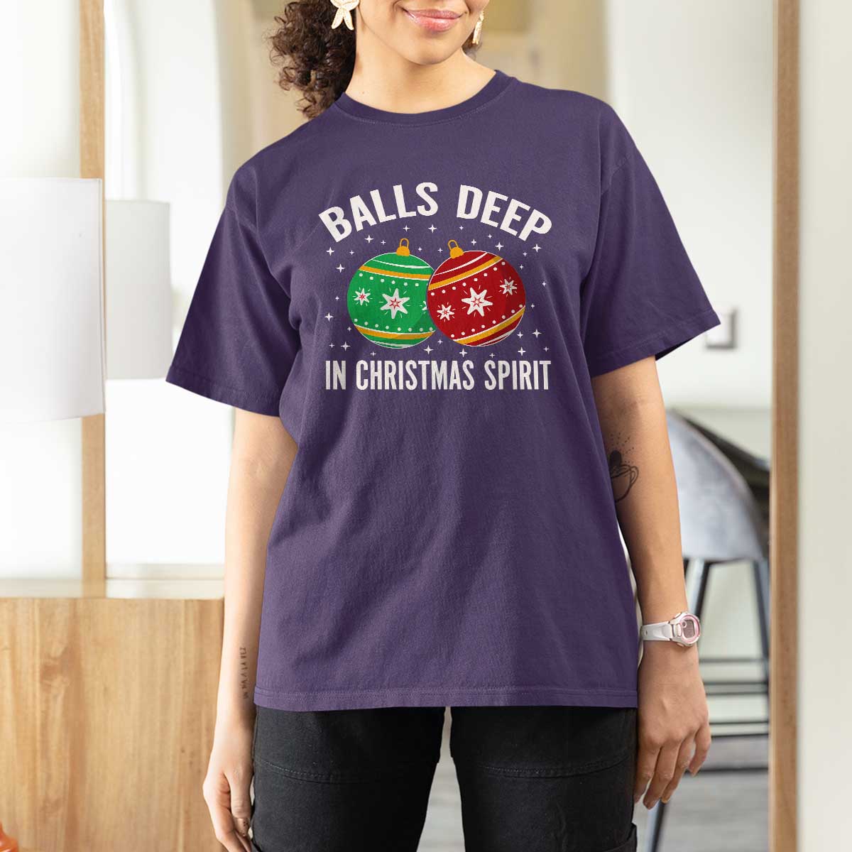 Funny Dirty Christmas T Shirt For Women Rude Adult Humor Balls Deep Into Christmas Spirit - Wonder Print Shop