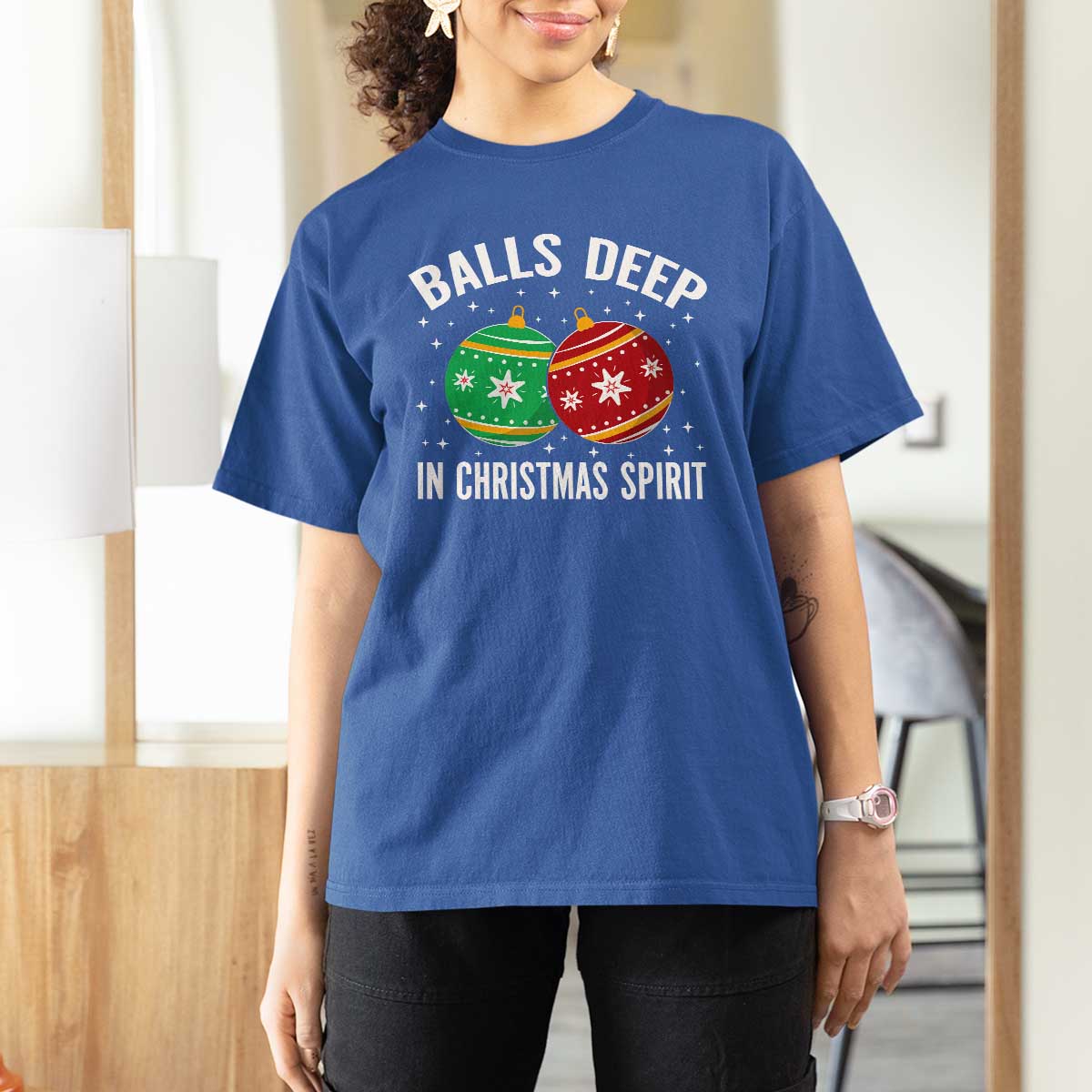 Funny Dirty Christmas T Shirt For Women Rude Adult Humor Balls Deep Into Christmas Spirit - Wonder Print Shop