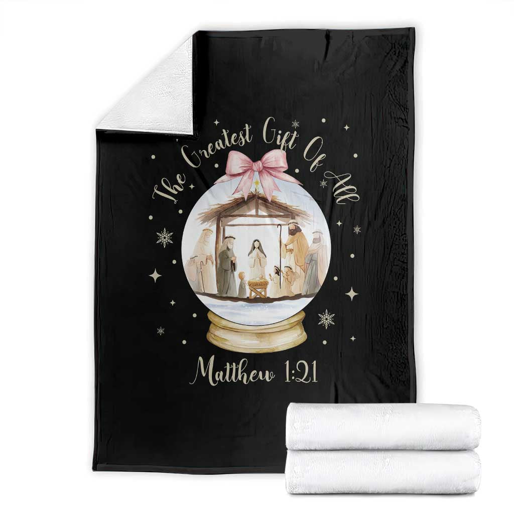 Nativity Scene Christmas Throw Blanket The Greatest Gift of All Christian Coquette Bow Matthew 1:21 - Wonder Print Shop