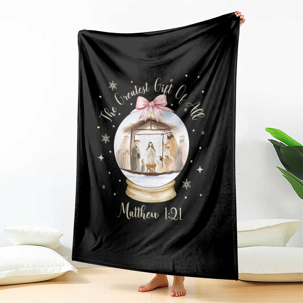 Nativity Scene Christmas Throw Blanket The Greatest Gift of All Christian Coquette Bow Matthew 1:21 - Wonder Print Shop