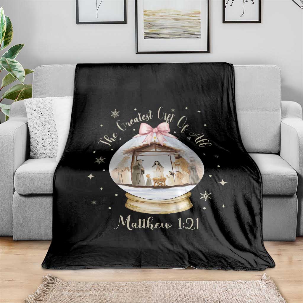 Nativity Scene Christmas Throw Blanket The Greatest Gift of All Christian Coquette Bow Matthew 1:21 - Wonder Print Shop