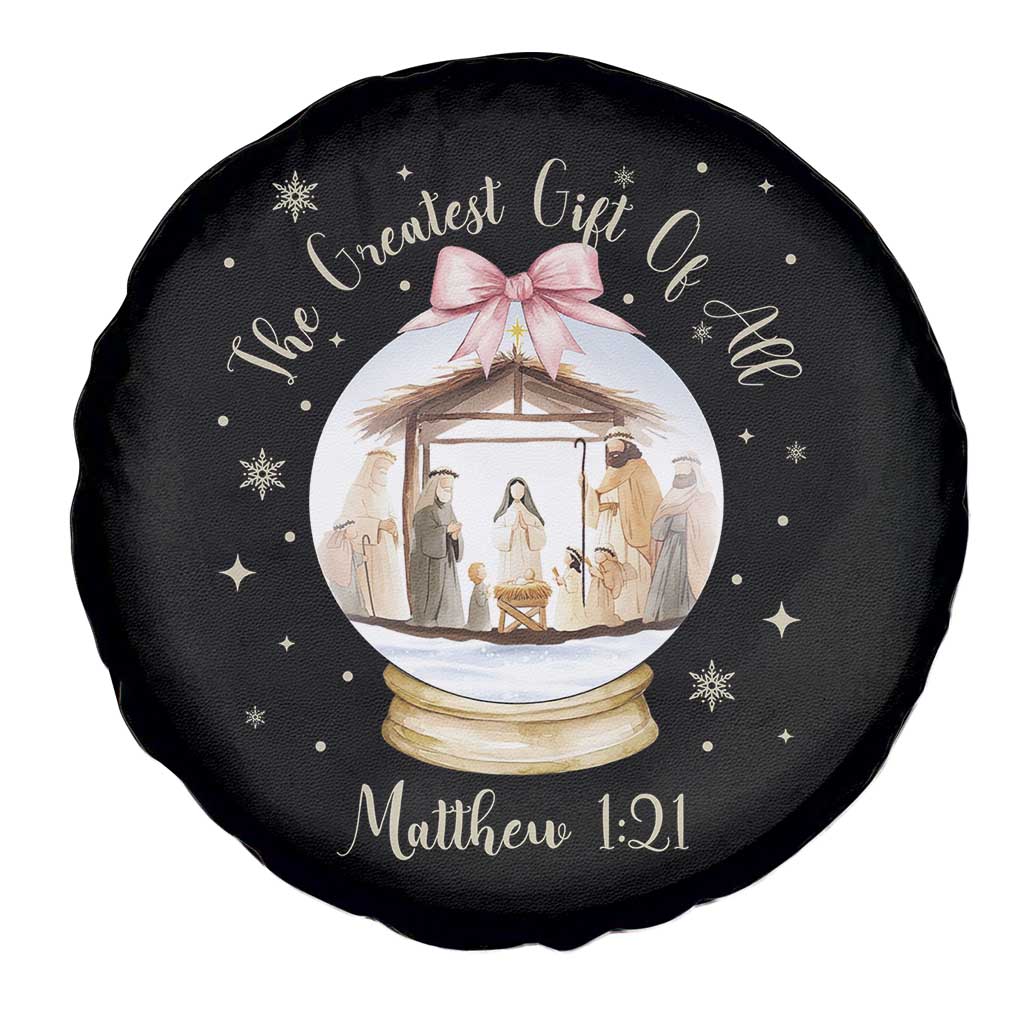 Nativity Scene Christmas Spare Tire Cover The Greatest Gift of All Christian Coquette Bow Matthew 1:21 - Wonder Print Shop