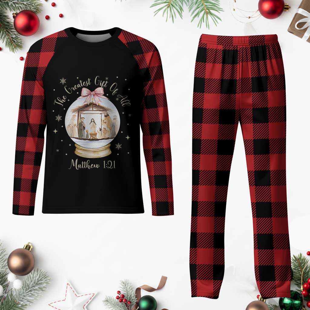 Nativity Scene Christmas Plaid Pajama Set The Greatest Gift of All Christian Coquette Bow Matthew 1:21 - Wonder Print Shop