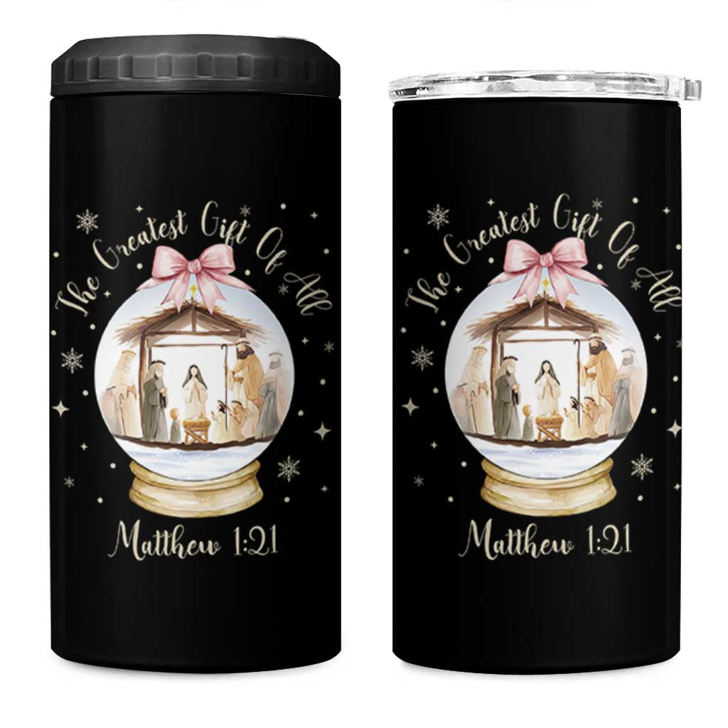 Nativity Scene Christmas 4 in 1 Can Cooler Tumbler The Greatest Gift of All Christian Coquette Bow Matthew 1:21 - Wonder Print Shop