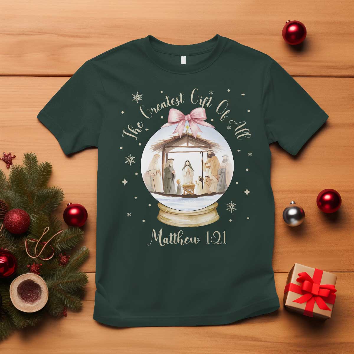 Nativity Scene Christmas T Shirt The Greatest Gift of All Christian Coquette Bow Matthew 1:21 - Wonder Print Shop