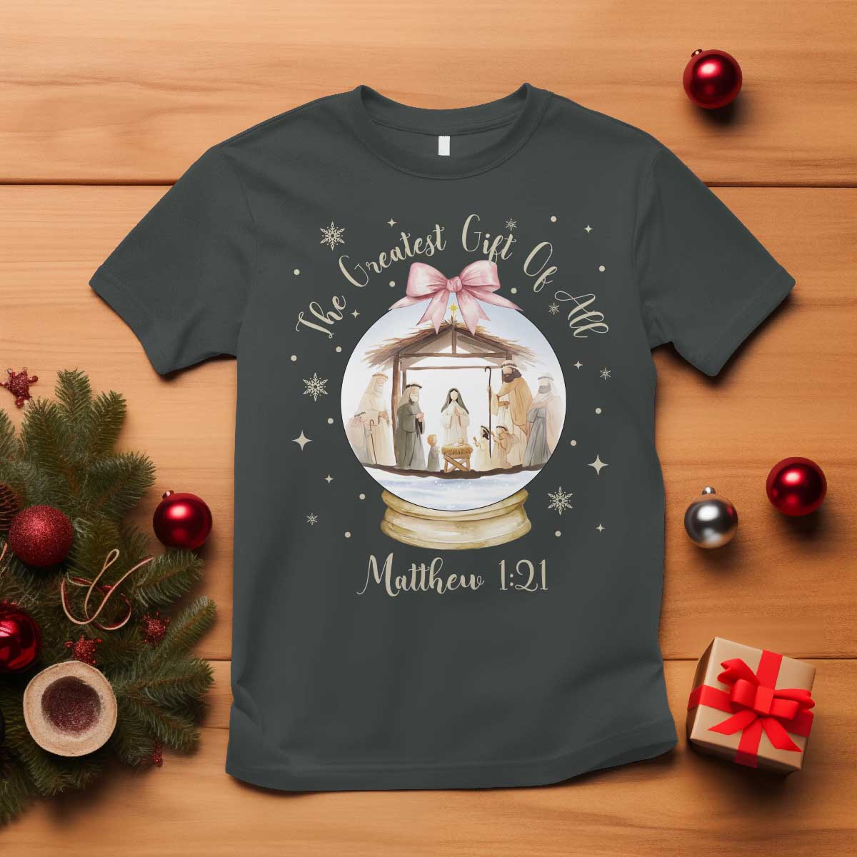 Nativity Scene Christmas T Shirt The Greatest Gift of All Christian Coquette Bow Matthew 1:21 - Wonder Print Shop