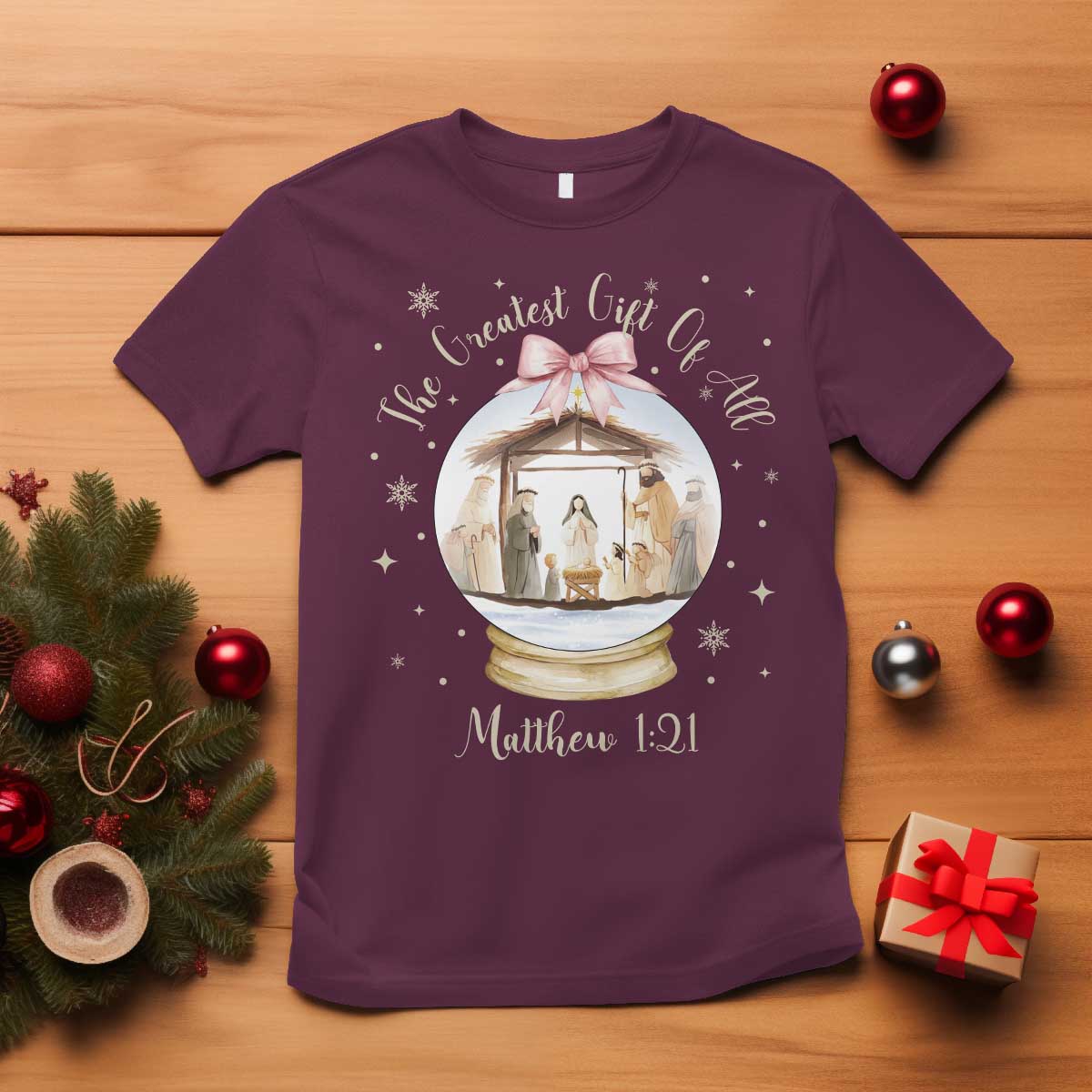 Nativity Scene Christmas T Shirt The Greatest Gift of All Christian Coquette Bow Matthew 1:21 - Wonder Print Shop