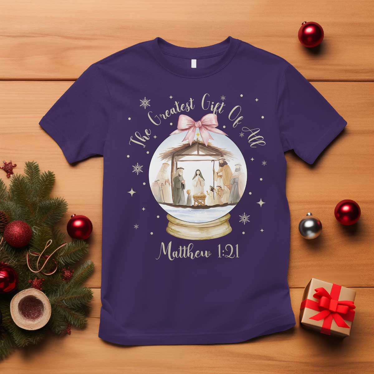 Nativity Scene Christmas T Shirt The Greatest Gift of All Christian Coquette Bow Matthew 1:21 - Wonder Print Shop