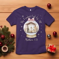 Nativity Scene Christmas T Shirt The Greatest Gift of All Christian Coquette Bow Matthew 1:21 - Wonder Print Shop