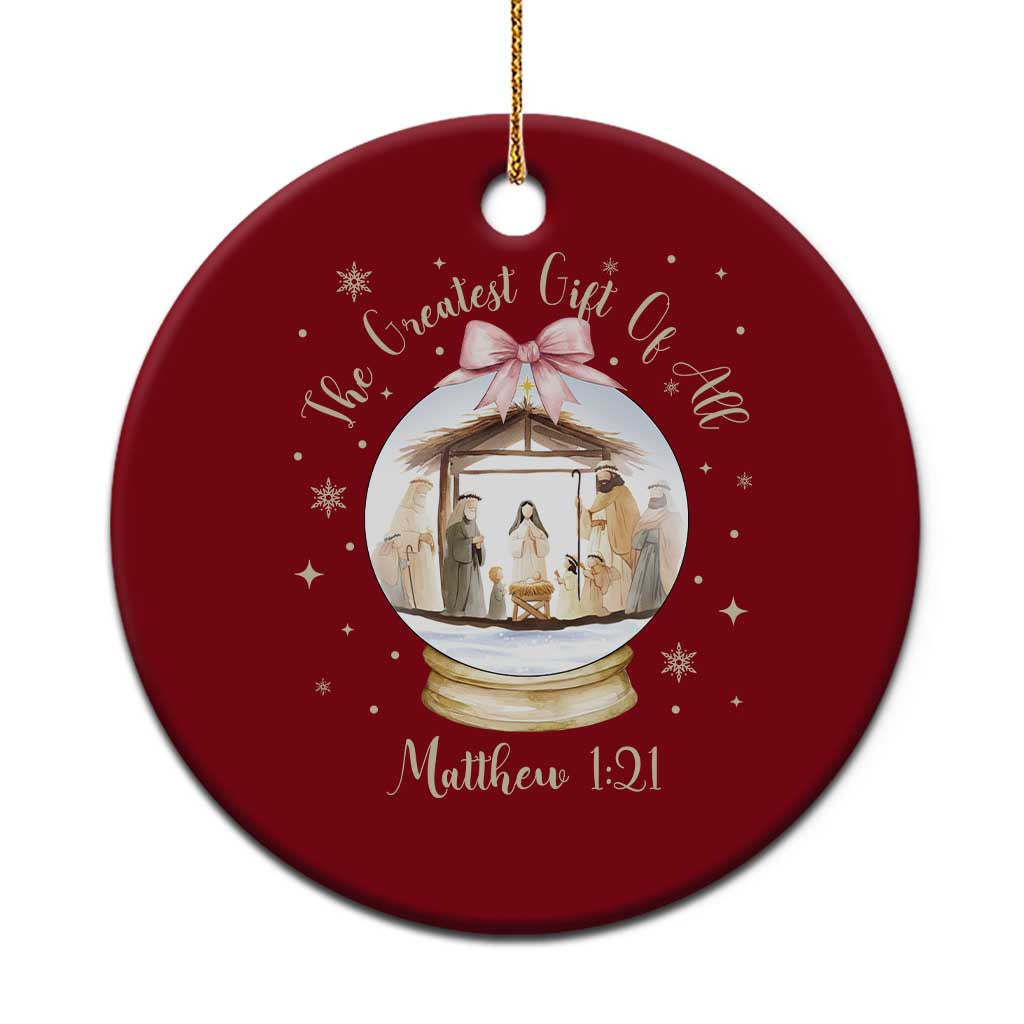 Nativity Scene Christmas Ceramic Ornament The Greatest Gift of All Christian Coquette Bow Matthew 1:21 - Wonder Print Shop