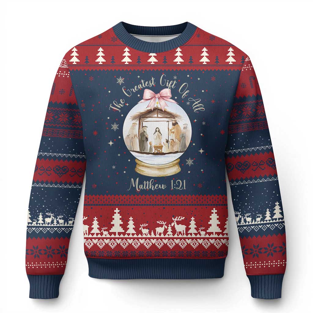 Nativity Scene Xmas Ugly Christmas Sweater The Greatest Gift of All Christian Coquette Bow Matthew 1:21 - Wonder Print Shop