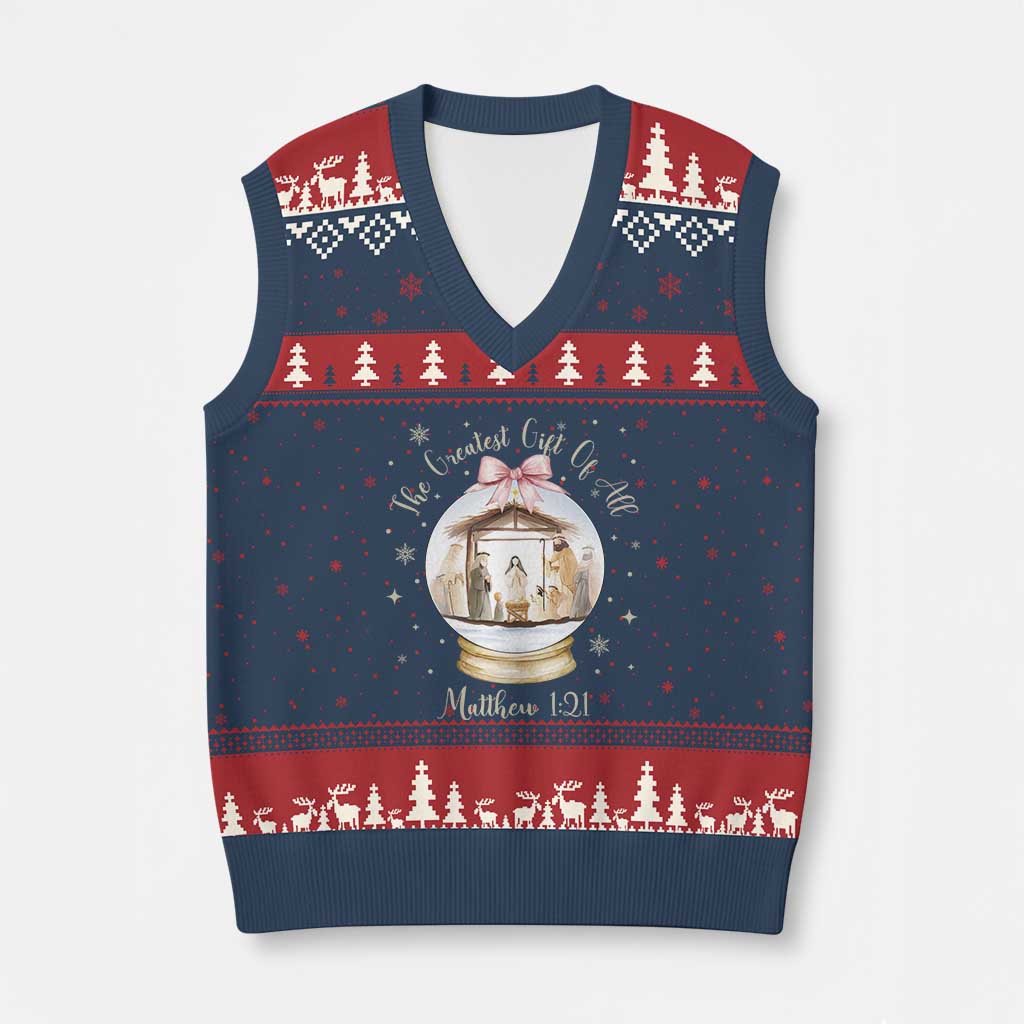 Nativity Scene Xmas V-Neck Knit Sweater Vest The Greatest Gift of All Christian Coquette Bow Matthew 1:21 - Wonder Print Shop