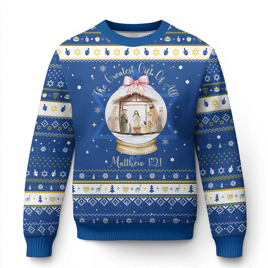 Nativity Scene Christmas Hanukkah Ugly Sweater The Greatest Gift of All Christian Coquette Bow Matthew 1:21 - Wonder Print Shop