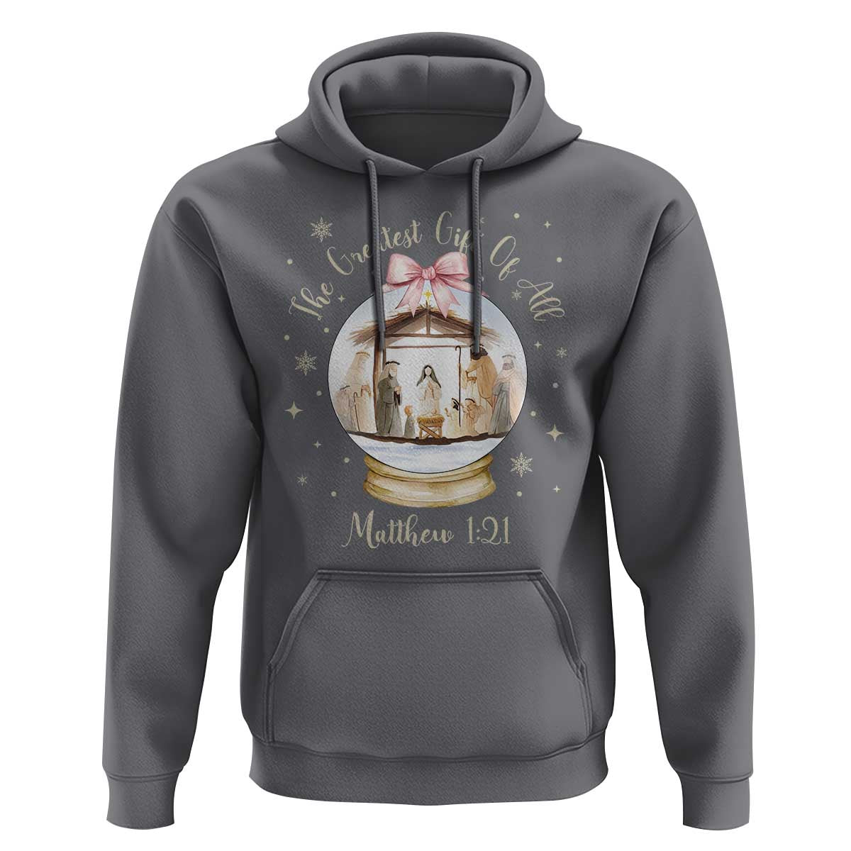 Nativity Scene Christmas Hoodie The Greatest Gift of All Christian Coquette Bow Matthew 1:21 - Wonder Print Shop