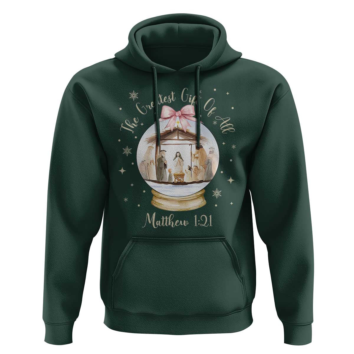Nativity Scene Christmas Hoodie The Greatest Gift of All Christian Coquette Bow Matthew 1:21 - Wonder Print Shop
