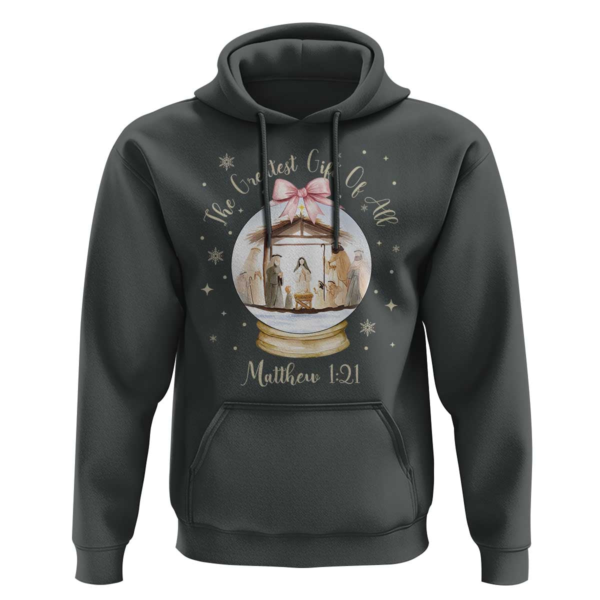Nativity Scene Christmas Hoodie The Greatest Gift of All Christian Coquette Bow Matthew 1:21 - Wonder Print Shop