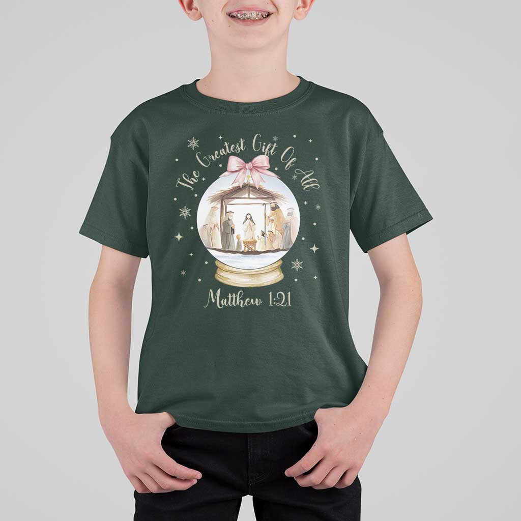 Nativity Scene Christmas T Shirt For Kid The Greatest Gift of All Christian Coquette Bow Matthew 1:21 - Wonder Print Shop