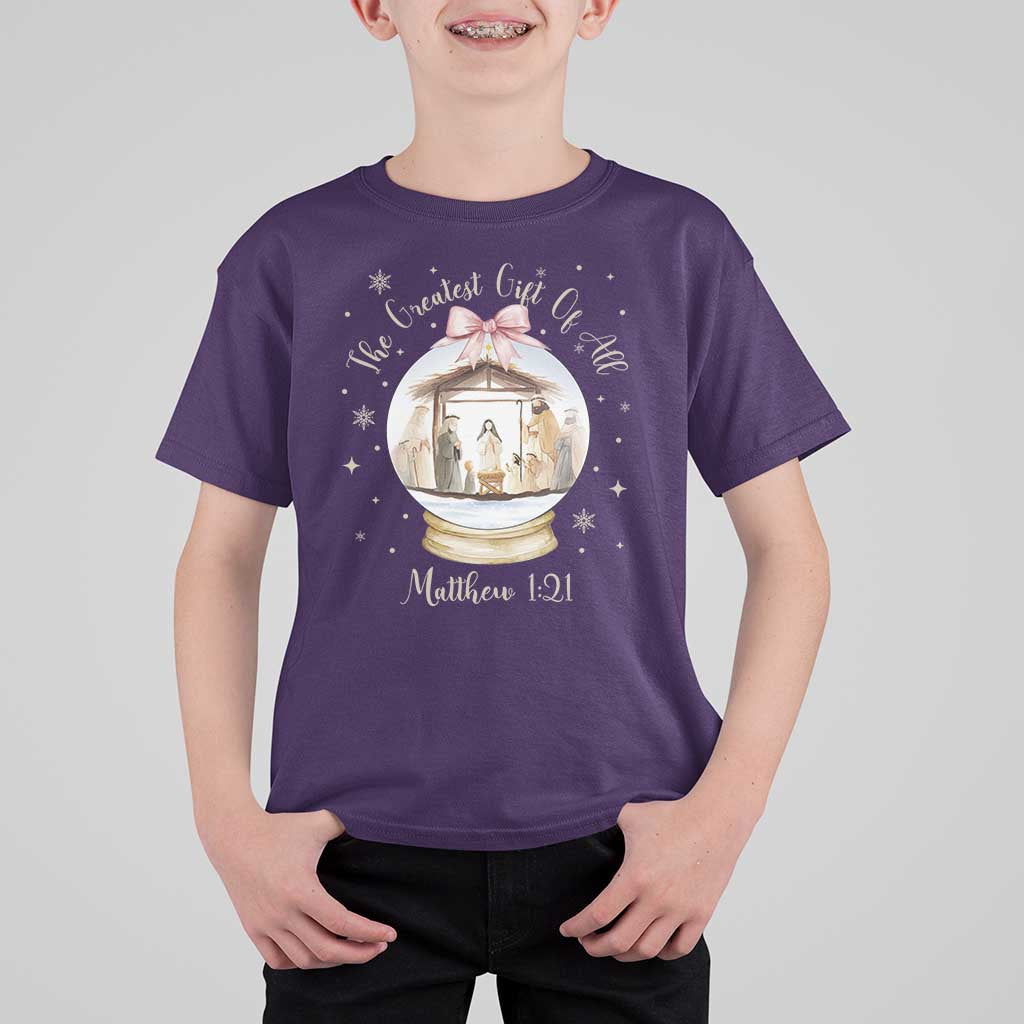 Nativity Scene Christmas T Shirt For Kid The Greatest Gift of All Christian Coquette Bow Matthew 1:21 - Wonder Print Shop