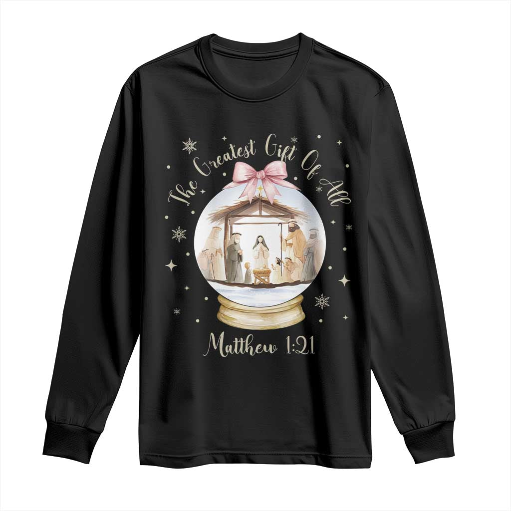 Nativity Scene Christmas Long Sleeve Shirt The Greatest Gift of All Christian Coquette Bow Matthew 1:21 - Wonder Print Shop