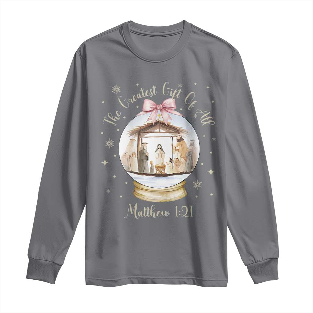 Nativity Scene Christmas Long Sleeve Shirt The Greatest Gift of All Christian Coquette Bow Matthew 1:21 - Wonder Print Shop