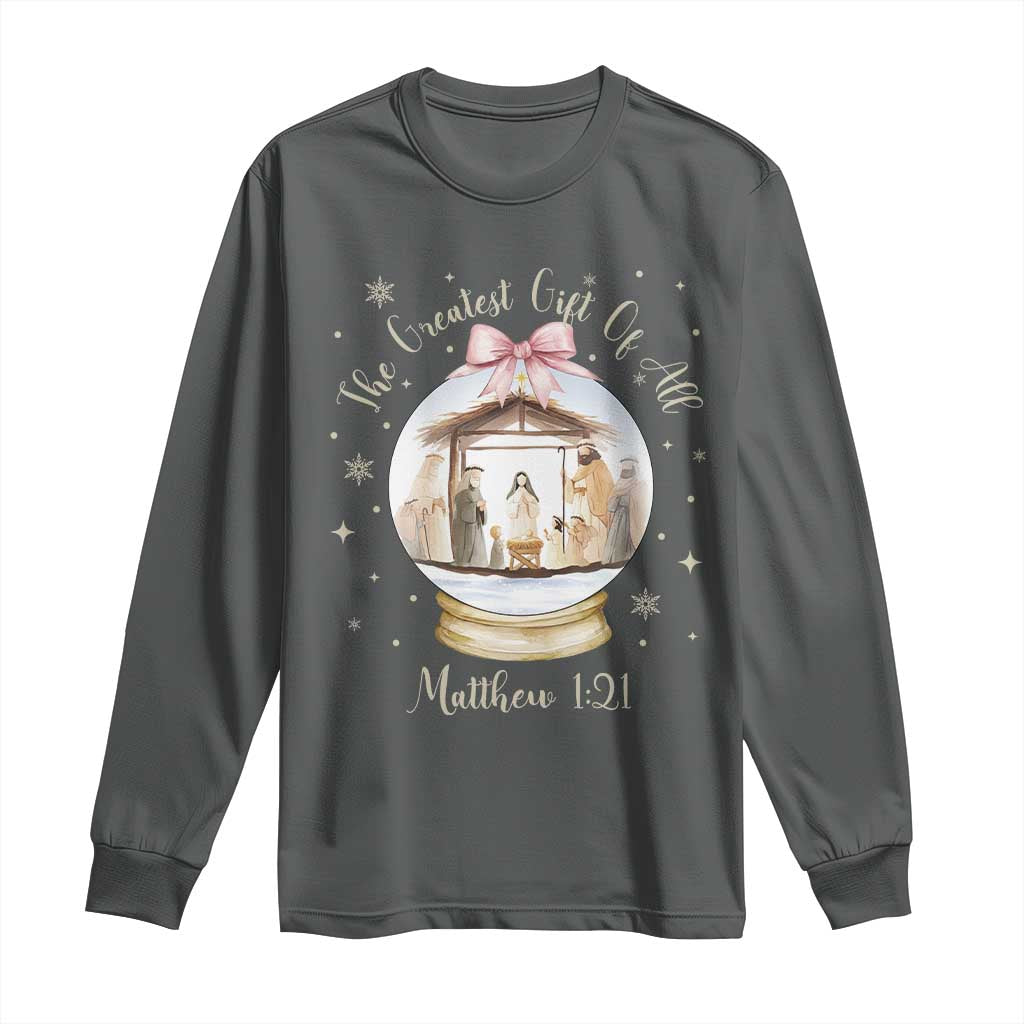 Nativity Scene Christmas Long Sleeve Shirt The Greatest Gift of All Christian Coquette Bow Matthew 1:21 - Wonder Print Shop