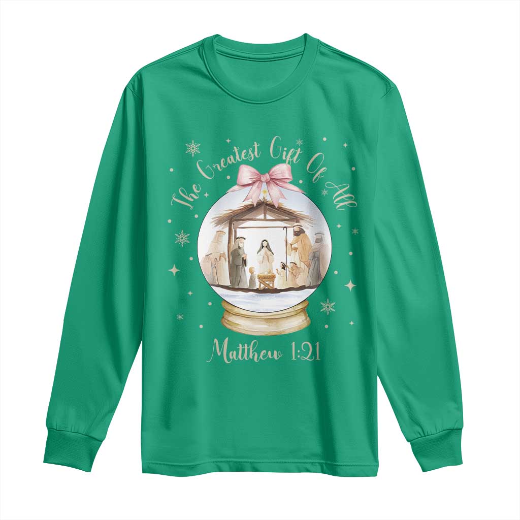 Nativity Scene Christmas Long Sleeve Shirt The Greatest Gift of All Christian Coquette Bow Matthew 1:21 - Wonder Print Shop