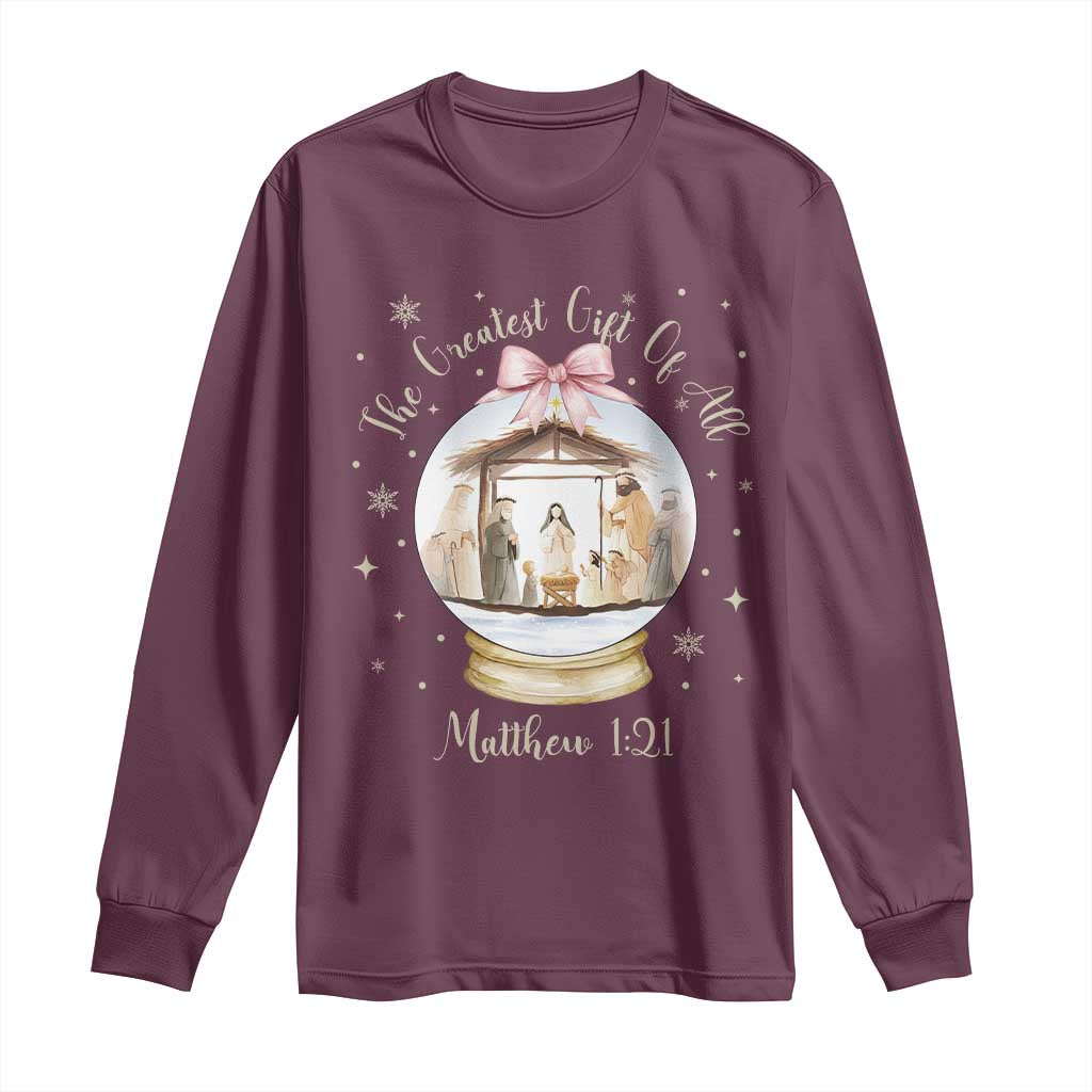 Nativity Scene Christmas Long Sleeve Shirt The Greatest Gift of All Christian Coquette Bow Matthew 1:21 - Wonder Print Shop