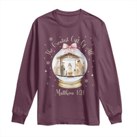 Nativity Scene Christmas Long Sleeve Shirt The Greatest Gift of All Christian Coquette Bow Matthew 1:21 - Wonder Print Shop