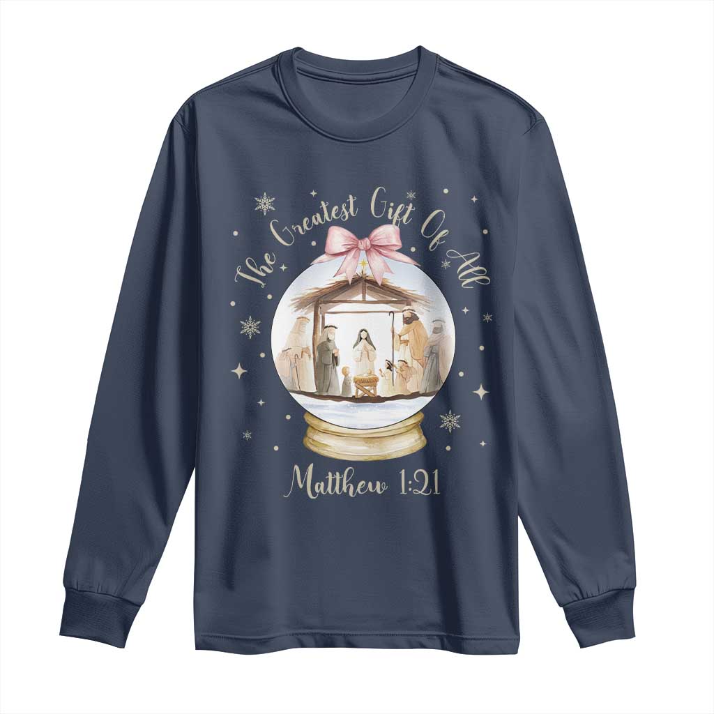 Nativity Scene Christmas Long Sleeve Shirt The Greatest Gift of All Christian Coquette Bow Matthew 1:21 - Wonder Print Shop