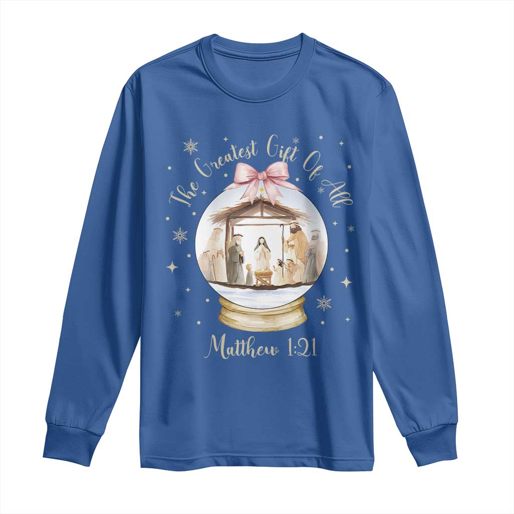 Nativity Scene Christmas Long Sleeve Shirt The Greatest Gift of All Christian Coquette Bow Matthew 1:21 - Wonder Print Shop