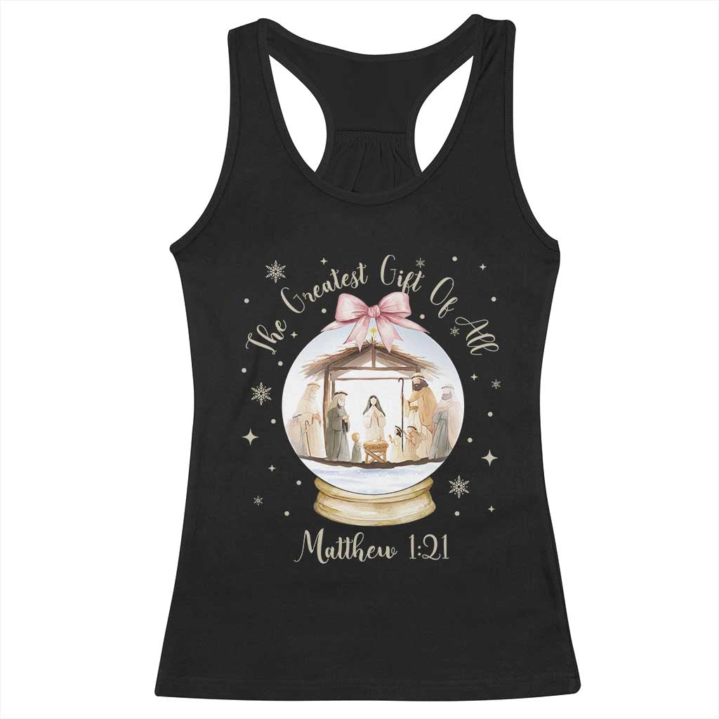 Nativity Scene Christmas Racerback Tank Top The Greatest Gift of All Christian Coquette Bow Matthew 1:21 - Wonder Print Shop