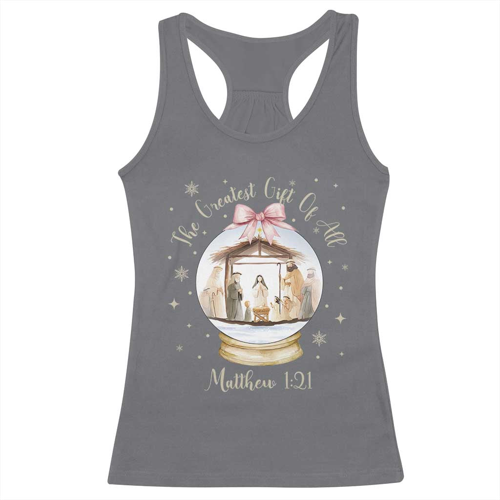 Nativity Scene Christmas Racerback Tank Top The Greatest Gift of All Christian Coquette Bow Matthew 1:21 - Wonder Print Shop
