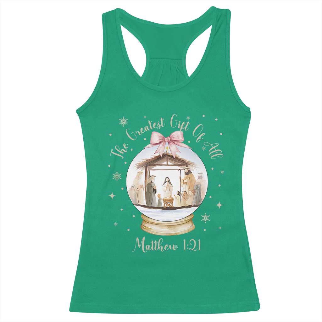 Nativity Scene Christmas Racerback Tank Top The Greatest Gift of All Christian Coquette Bow Matthew 1:21 - Wonder Print Shop