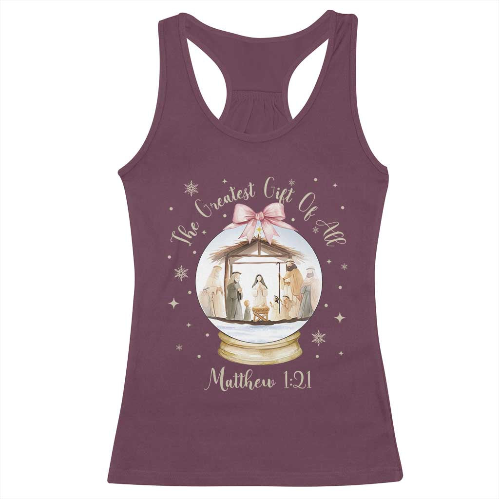 Nativity Scene Christmas Racerback Tank Top The Greatest Gift of All Christian Coquette Bow Matthew 1:21 - Wonder Print Shop