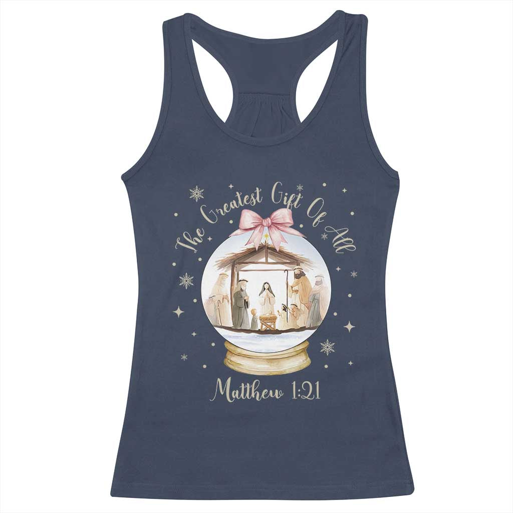 Nativity Scene Christmas Racerback Tank Top The Greatest Gift of All Christian Coquette Bow Matthew 1:21 - Wonder Print Shop
