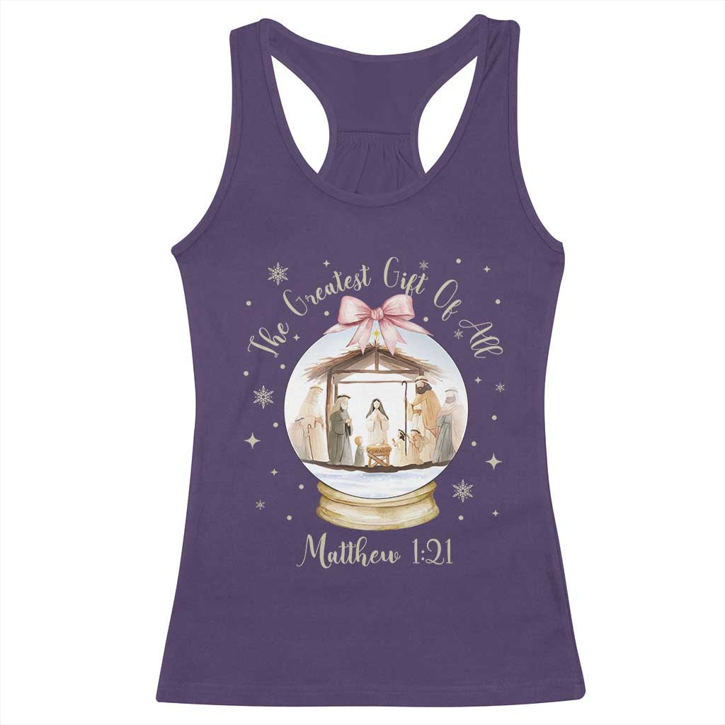 Nativity Scene Christmas Racerback Tank Top The Greatest Gift of All Christian Coquette Bow Matthew 1:21 - Wonder Print Shop