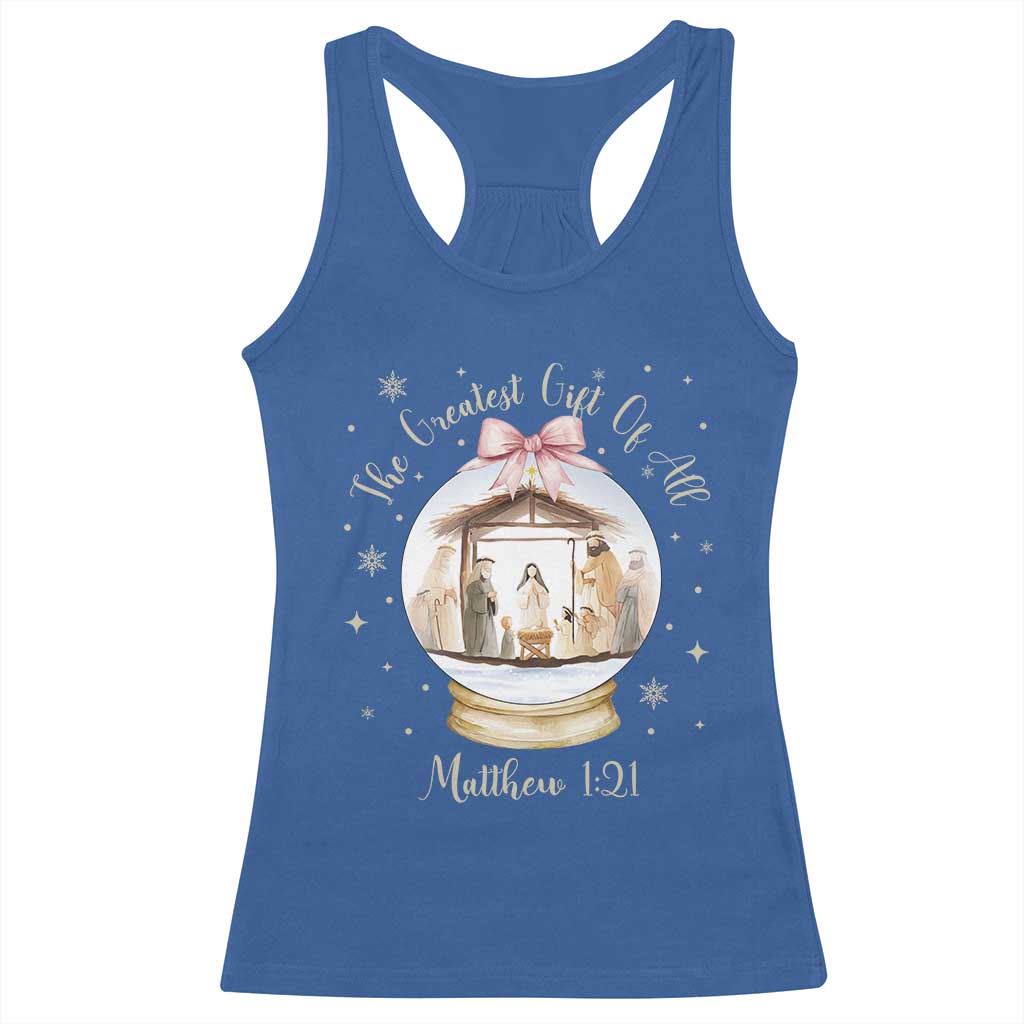 Nativity Scene Christmas Racerback Tank Top The Greatest Gift of All Christian Coquette Bow Matthew 1:21 - Wonder Print Shop