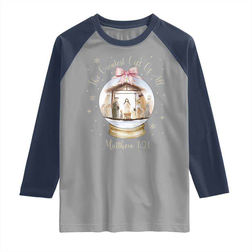 Nativity Scene Christmas Raglan Shirt The Greatest Gift of All Christian Coquette Bow Matthew 1:21 - Wonder Print Shop