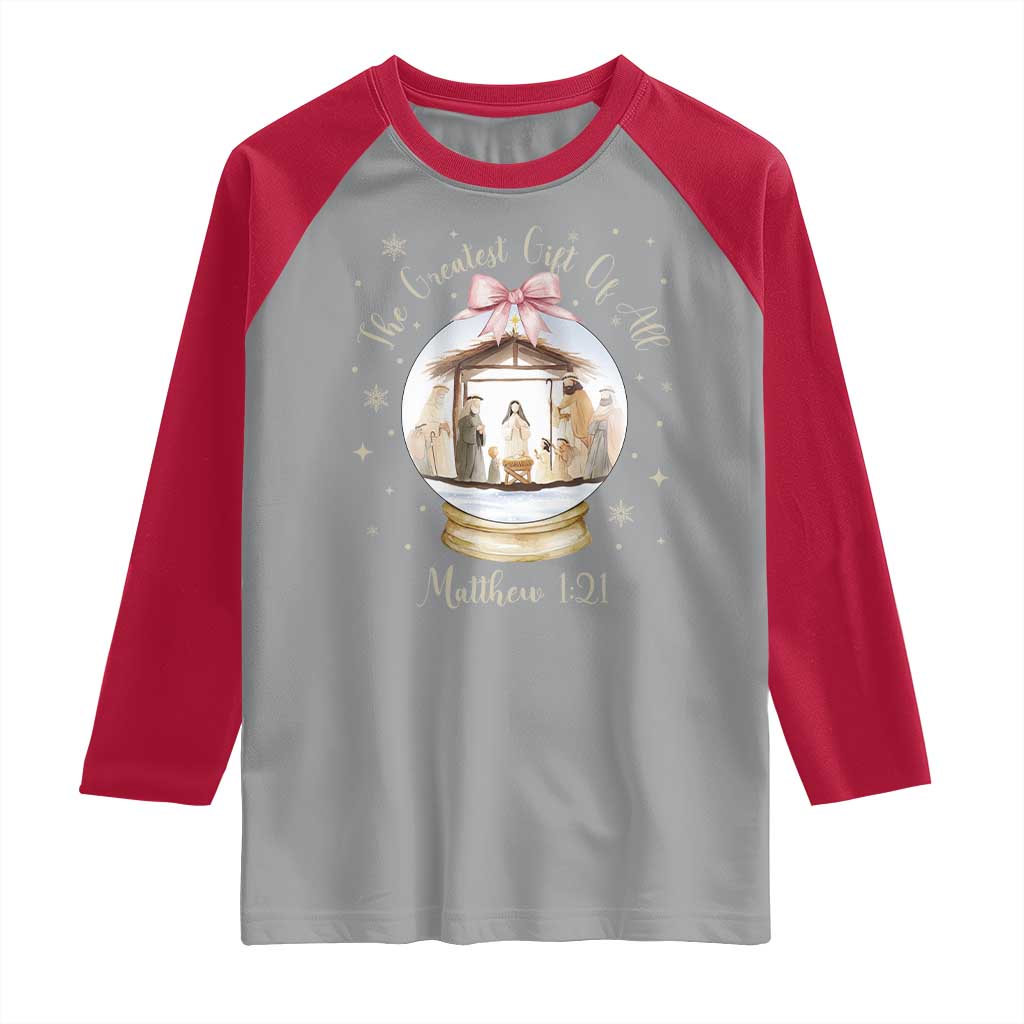Nativity Scene Christmas Raglan Shirt The Greatest Gift of All Christian Coquette Bow Matthew 1:21 - Wonder Print Shop