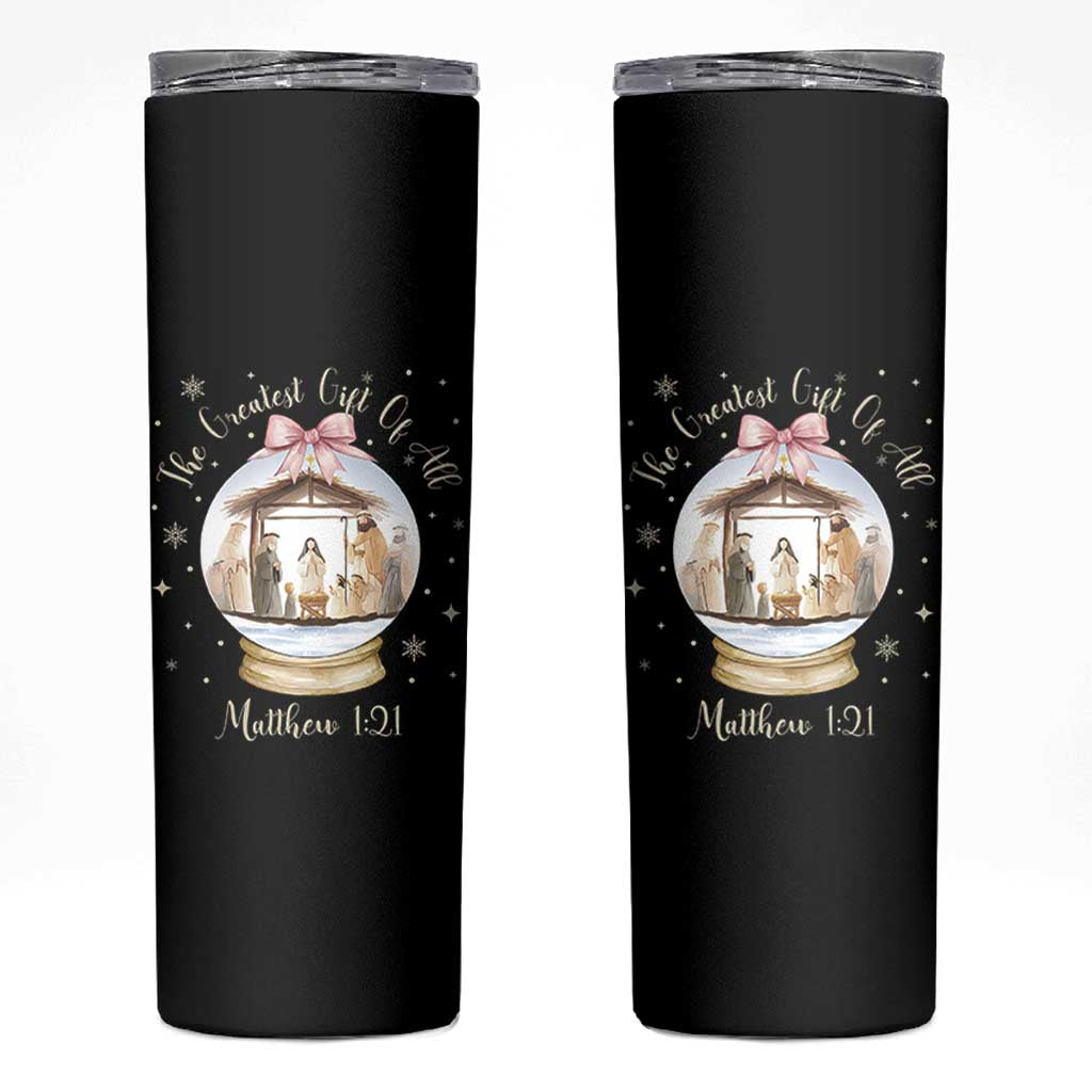 Nativity Scene Christmas Skinny Tumbler The Greatest Gift of All Christian Coquette Bow Matthew 1:21 - Wonder Print Shop