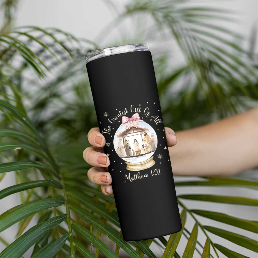 Nativity Scene Christmas Skinny Tumbler The Greatest Gift of All Christian Coquette Bow Matthew 1:21 - Wonder Print Shop