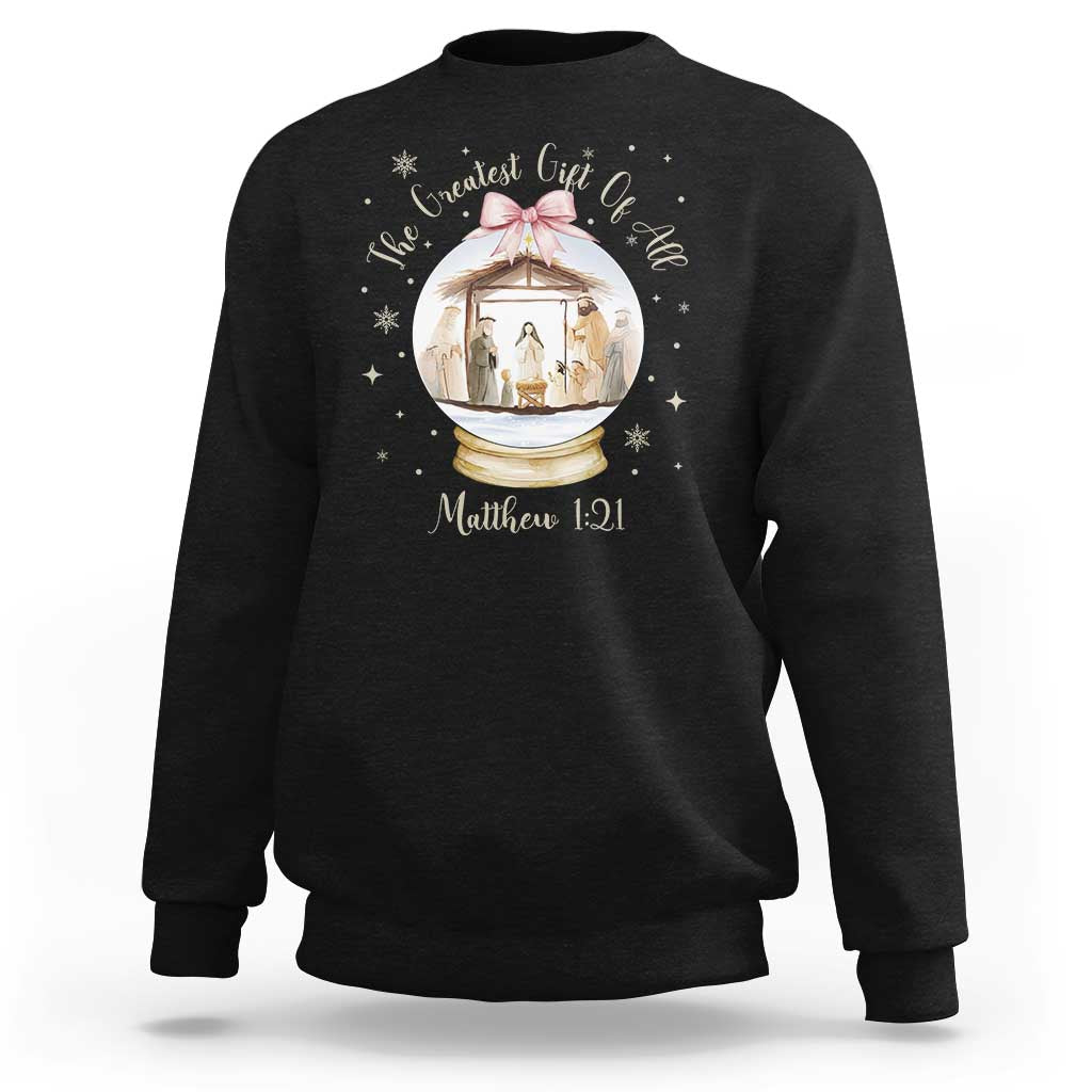 Nativity Scene Christmas Sweatshirt The Greatest Gift of All Christian Coquette Bow Matthew 1:21 - Wonder Print Shop